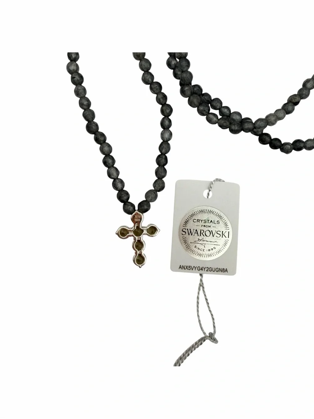 Vintage NOS 925 Sterling Silver Swarovski Crystal Cross Gray Beaded Necklace